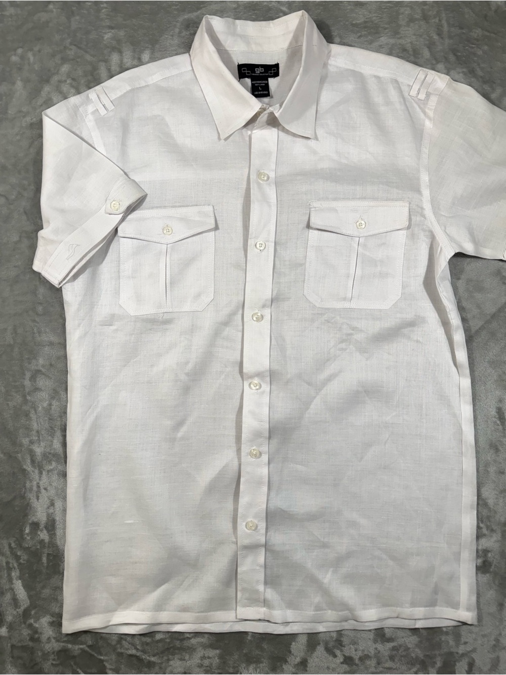Godbody Collection Linen L White Solid Short Sleeve Spread Collar Shirt